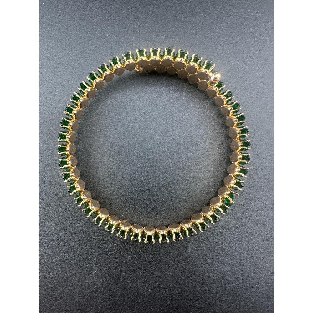 Vintage Emerald Green Glass Navette Rhinestone Flexible Bracelet Mid Century - Picture 6 of 11